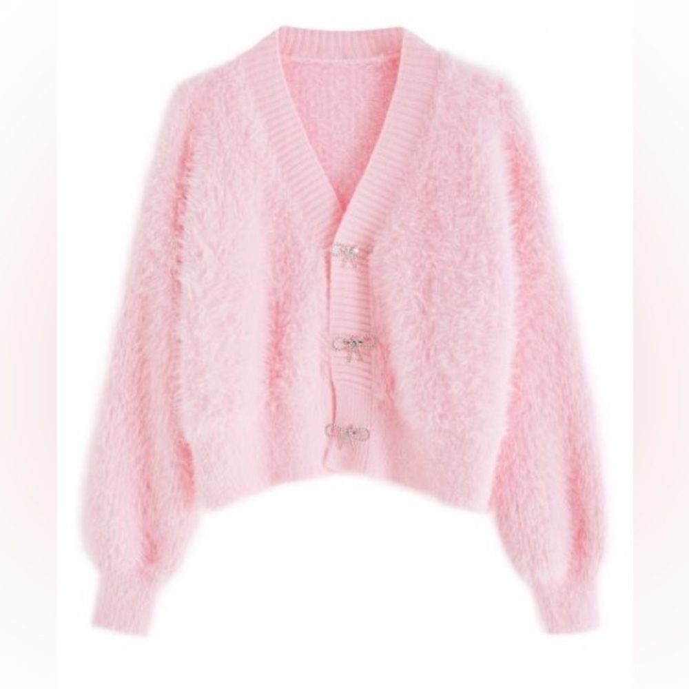 ChicWish Pink Fuzzy Knit Cardigan with Rhinestone Bejeweled Bow Knot Brooch